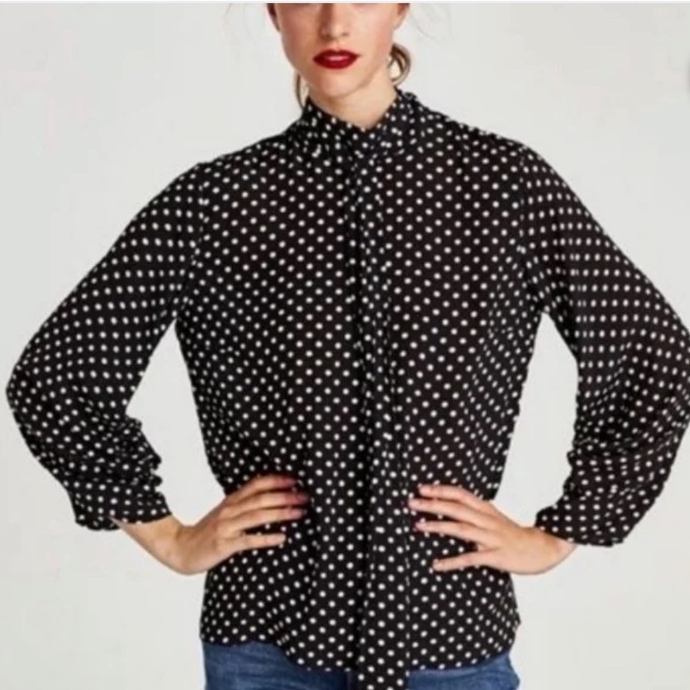 Zara women black white polka dot tie blouse